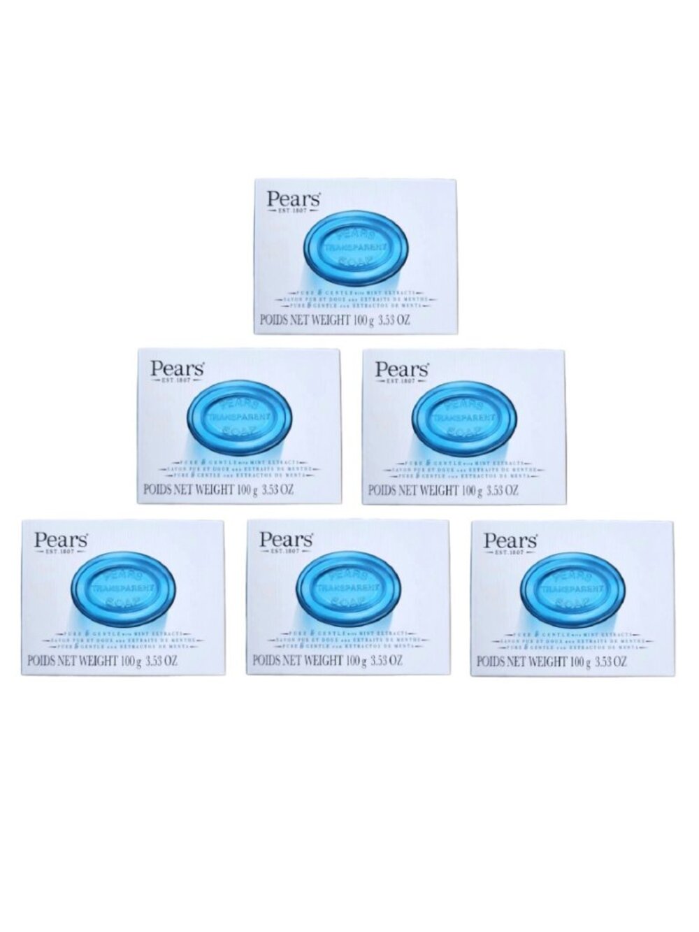 6 Pears Glycerin Soap Bars, Pure & Gentle Transparent Blue w/ Mint Extract 3.5oz